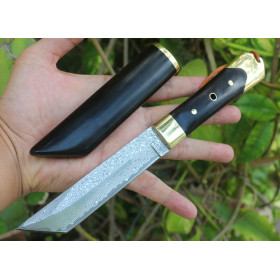 Imported Damascus Steel Handmade Copper Ebony Samurai Sword Collector's Edition Fixed Hunting Knife UD406561